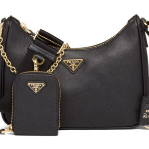 Prada Black shoulder bag with gold chain accents and zippered compartments.